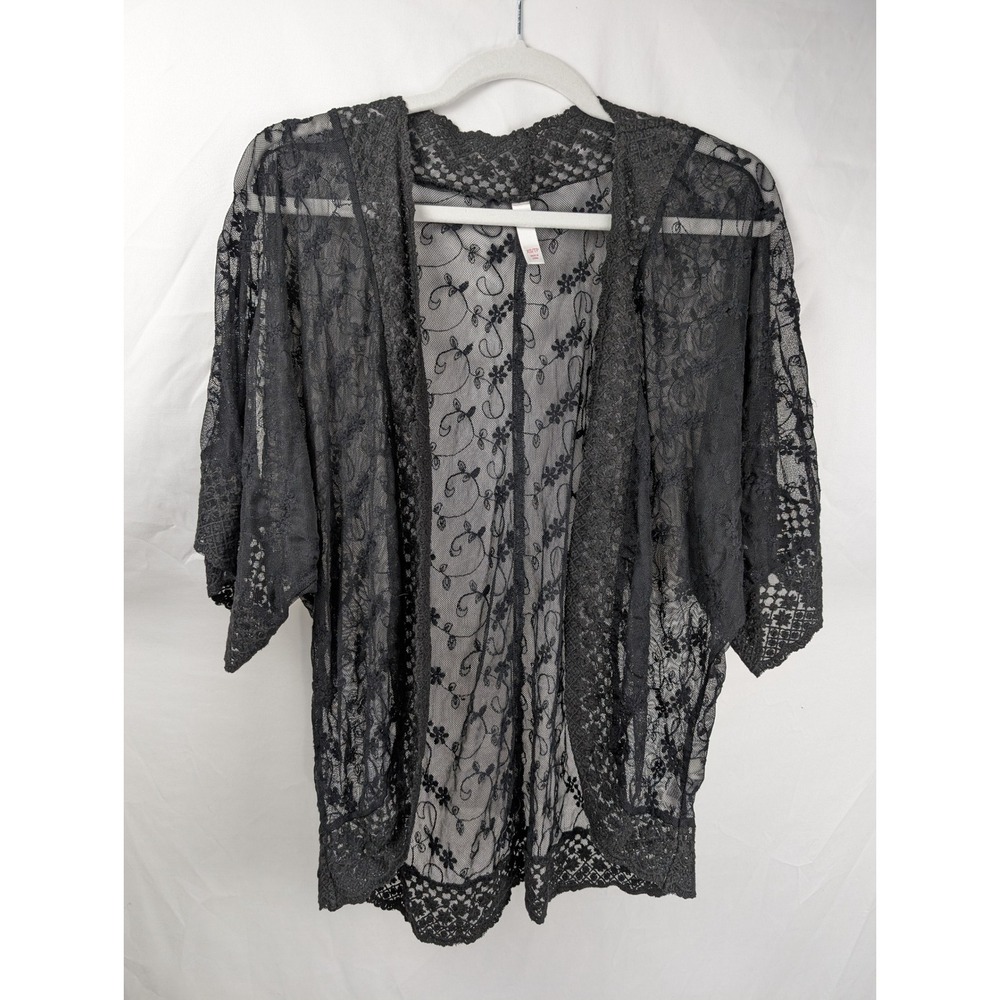 Whimsigoth Floral Fairy Lace Open Front Cardigan Size XS Black Sheer Crochet Y2K